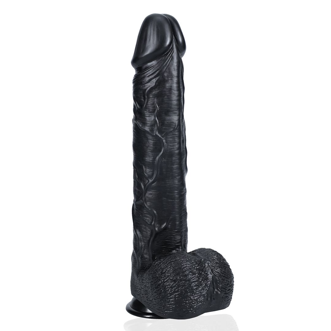 RealRock Extra Large Dildo mit Hodensack - 38 cm - Schwarz