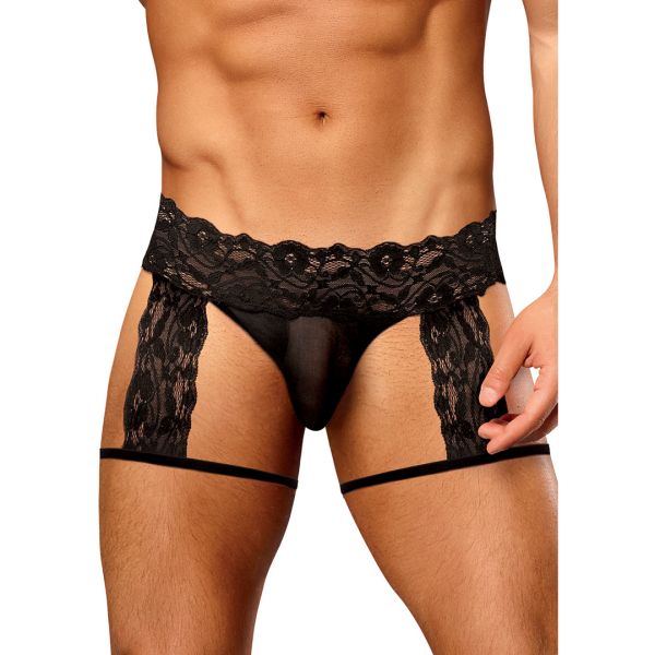 Male Power Scandal-Lace G-String Shorts mit Strumpfhaltern - S/M - Schwarz