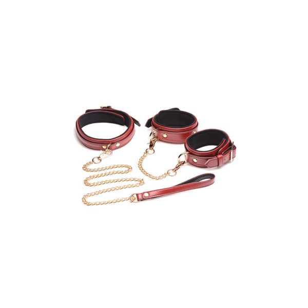 XR Brands 6-teiliges Bondage-Set in Bordeaux mit Fesseln, Halsband und Leine