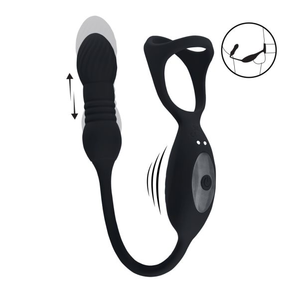 Levelz Vibrierender und Stoßender Silikon Tri O Cockring mit Prostatastimulator - Schwarz