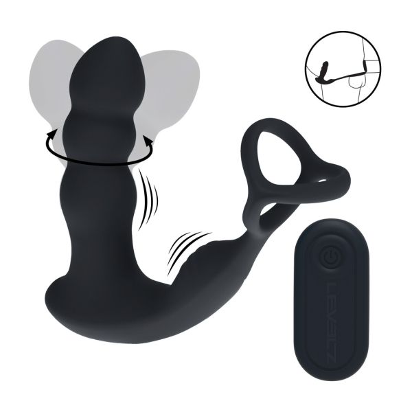 Levelz Prostatastimulator mit rotierendem Kopf, Dual-Vibration und Fernbedienung, mit Cock and Ball Ring - Schwarz