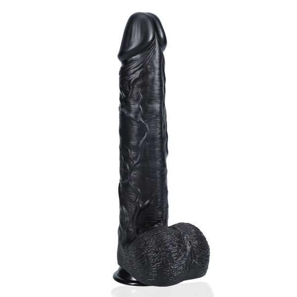 RealRock Extra Large Dildo mit Hodensack - 38 cm - Schwarz
